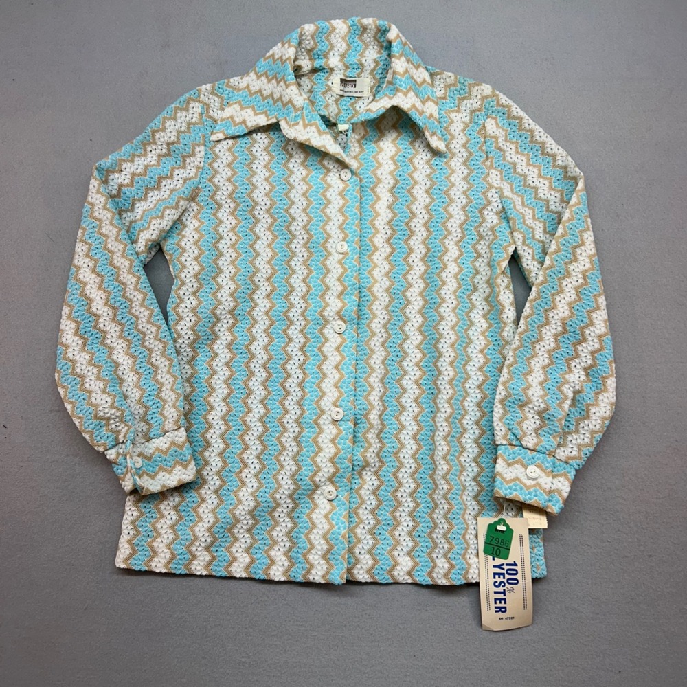 NWT Vintage Montgomery Ward 70s Chevron Knit Blouse Turquoise Tan White Size 10